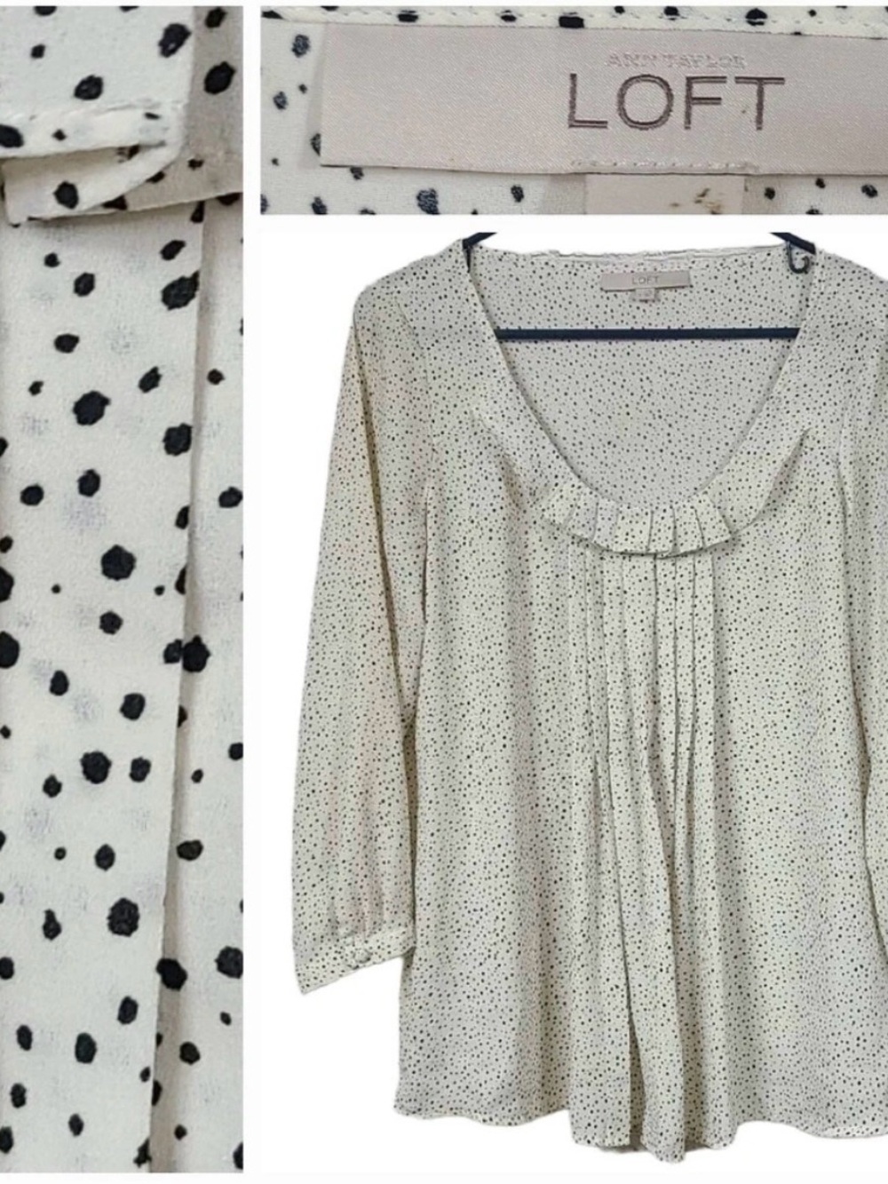 LOFT Cream Pleated Ruffle Neck Polka Dot Blouse 3/4 Long Sleeves Womens Work Top